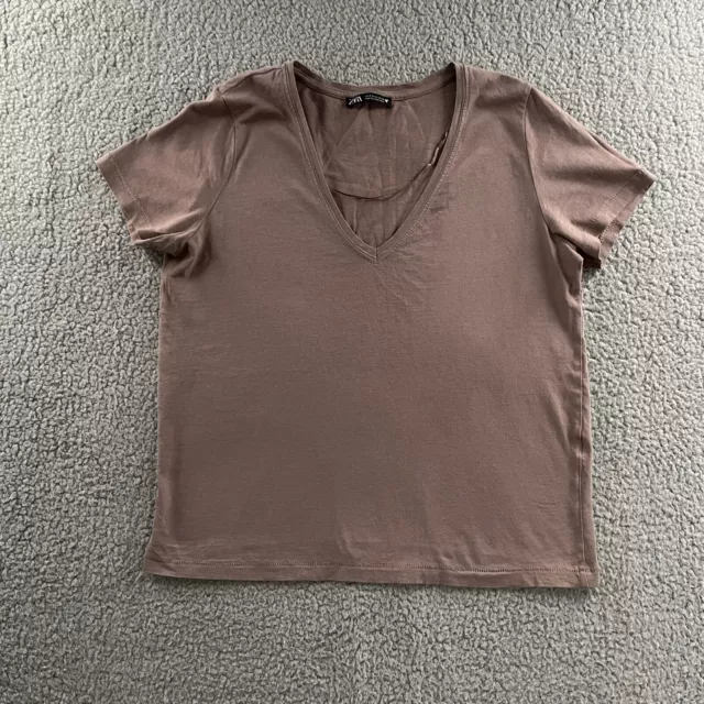 Zara Womens Top Pink Size Small V-Neck Basic Tee Cotton Casual