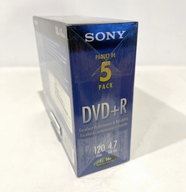 SONY DVD+R 120 MIN 4.7GB 16x 5 PACK ACCUCORE DVD RECORDABLE DISCS NEW ...