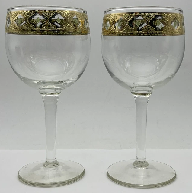 Culver Valencia MCM Glass Gold Green Diamonds Wine Goblets Pair