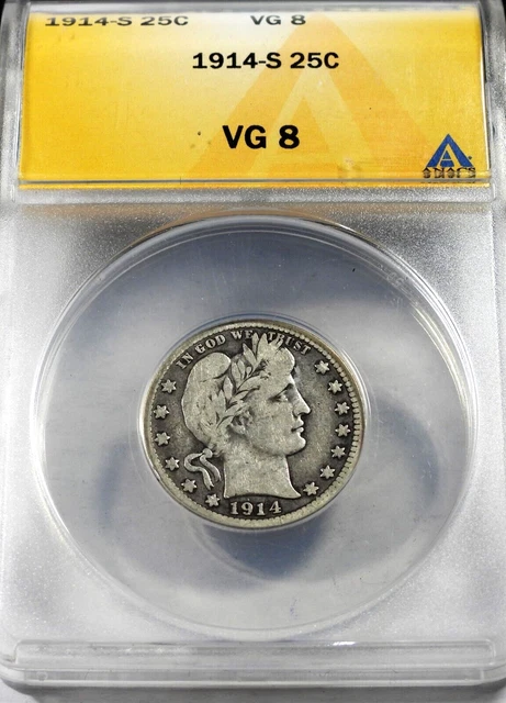 1914-S Key Date Barber Silver Quarter certified by ANACS VG 8 Condition   (248)