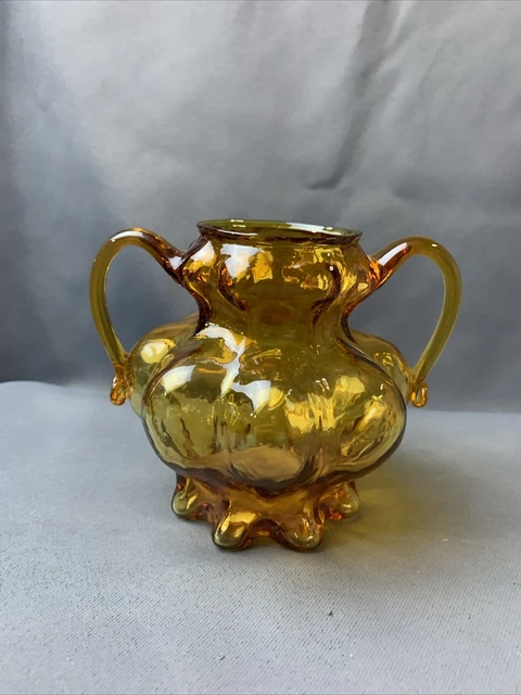 Vintage Kanawha Amber Glass Melon Shape Applied Handles Sugar Bowl 4.5"