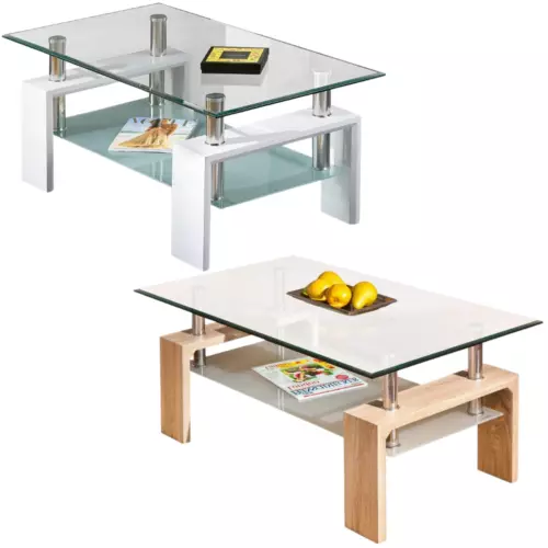 Tavolino da Salotto Soggiorno Moderno 2 Ripiani Legno Vetro Temperato 100x60x45h
