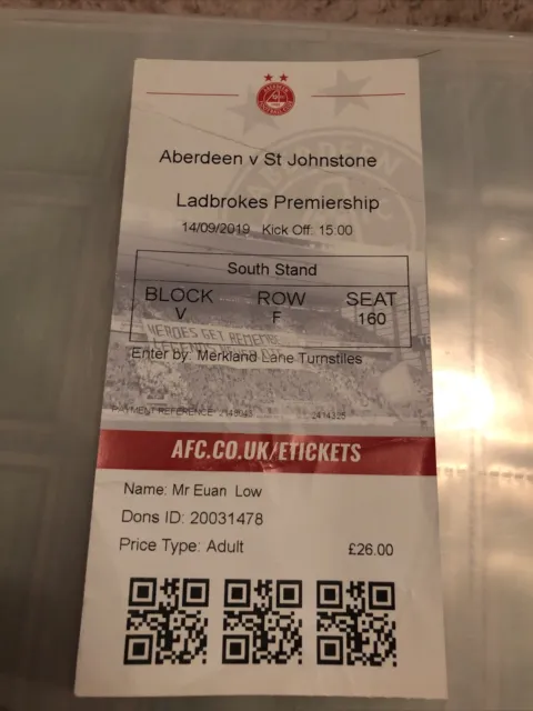Aberdeen V St Johnstone League 14th Sep 2019  Match Ticket