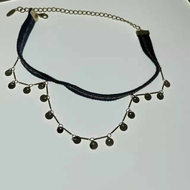 ETTIKA Necklace Womens Revolve Denim & Gold Disc Chain Choker NEW Draped Fashion