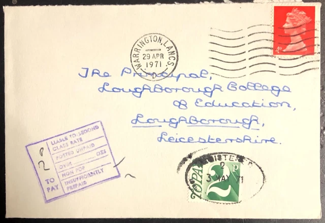 GB 1971 4d Machin used from Warrington to Loughborough with To Pay/Postage Due