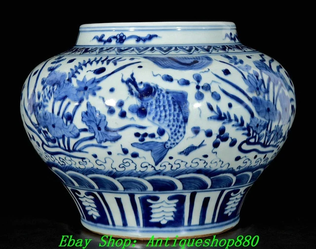 Ming Fish 13.8'' MING JIAJING Blue White Porcelain Fish Algae Pattern Lid Crock ...