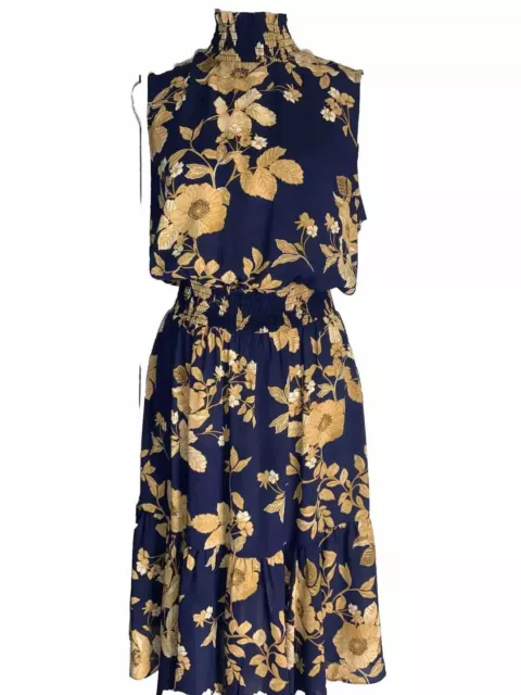 Nanette Lepore Dress Floral Size 6 Navy Blue Sleeveless Shirred Waist And Neck