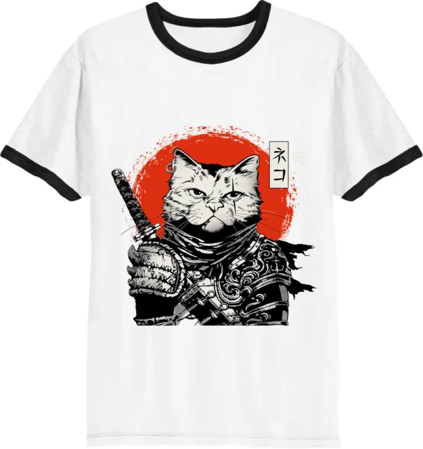 Cat Samurai Ringer Mens T-Shirt Ronin Warrior Kitty