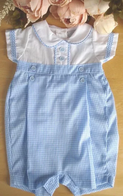 Baby Boy Romper Playsuit Spanish Style Traditional Blue White Gigham 0 3 6 9m