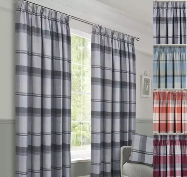 1Pair Of Brett Faux Wool Checked Tartan Pencil Pleat Lined Curtains - 4 Colours