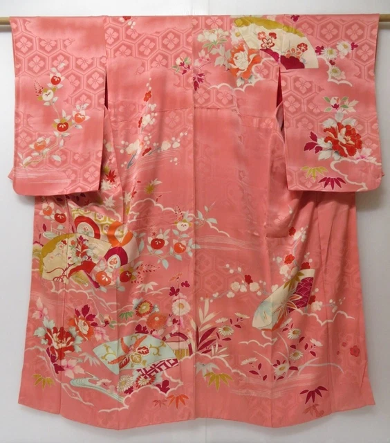 2212T09z620 Antique Japanese Kimono Silk TSUKESAGE Jigami Coral pink