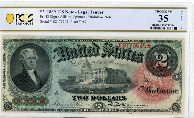 NobleSpirit No Reserve Fr 42 1869 $2 "Rainbow Note" Legal Tender PCGS VF 35
