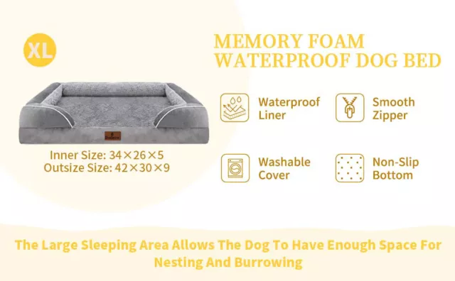 XL Gray Dog Bed Orthopedic Memory Foam Waterproof Sofa Removable Bolster Cover