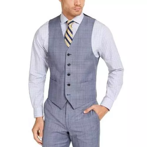 LAUREN RALPH LAUREN Mens Blue Windowpane Plaid Slim Fit Button Suit Vest Medium