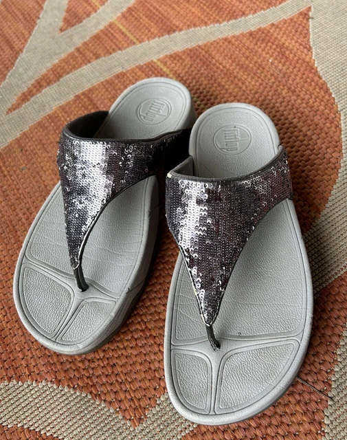 FITFLOP Crystal Pewter Slide Flips Sz 9.5  Flip Flop Sandals Silver Grey