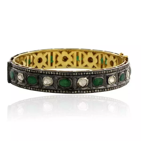 5.41ct Emerald 3.58ct Uncut Diamond Vintage Look Bangle 925 Starling Silver