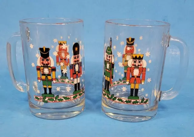 Christmas Holiday Nutcracker Mugs Soldier Festive Clear Glass Pair