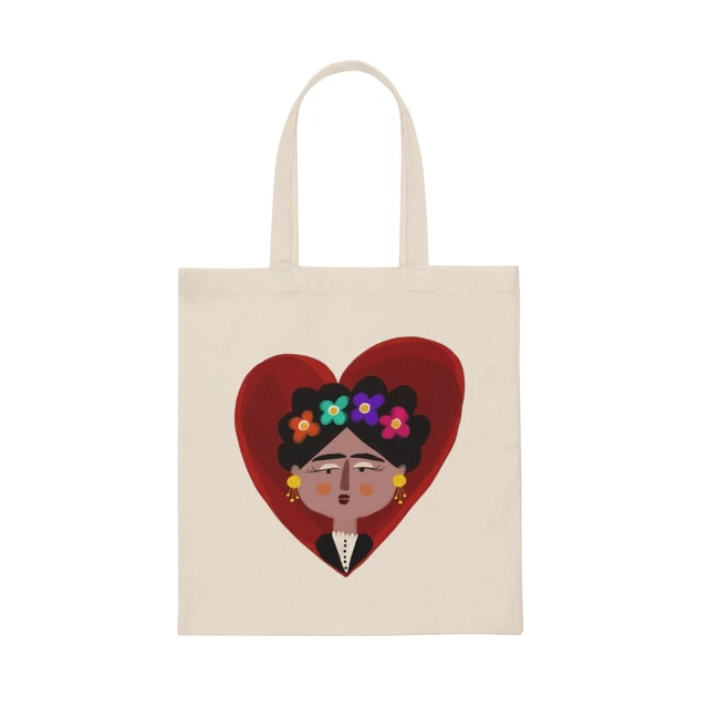 Cute Frida Kahlo Canvas Tote Bag long handles, hand-drawn design,feminist women