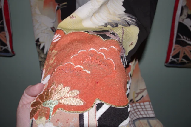 Classic! Antique Vintage Japanese Kimono Kuro furisode hikizuri Taisho Showa 12