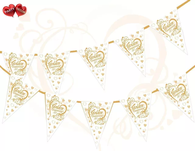 Golden Wedding Party Bunting Decoration Pack 50th Anniversary 15 Pennants & Tape