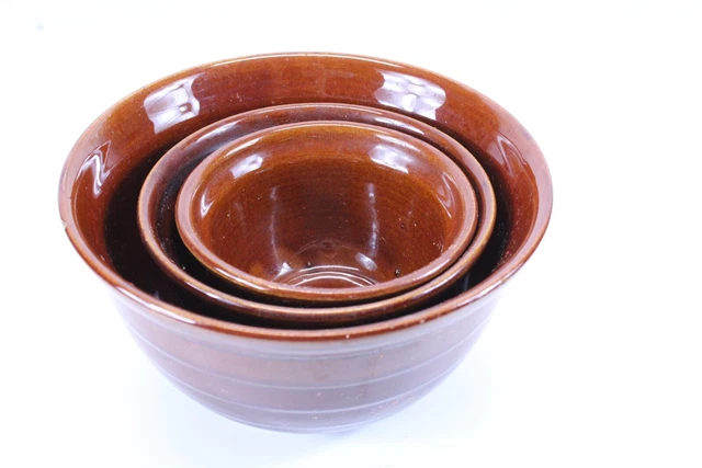 Mar-Crest Stoneware Brown Mixing Bowls 8", 6" & 5" Lot of 3