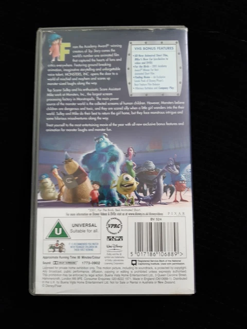 MONSTERS, INC. - Walt Disney Pixar 2001 VHS Tape -Blue Cassette £5.95 ...