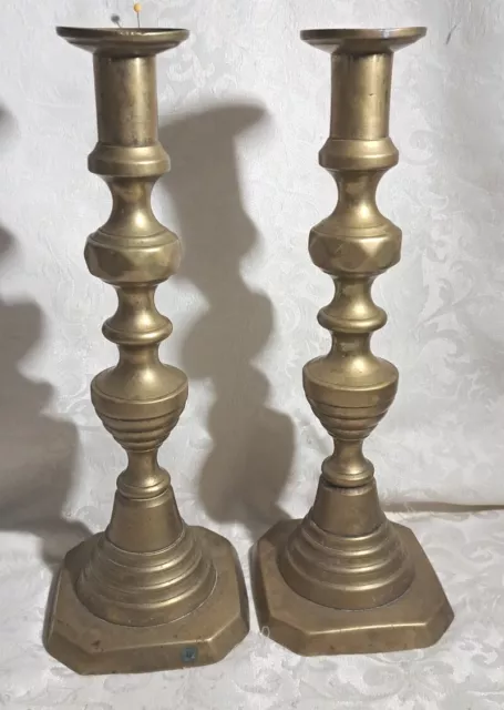 Antique Pair of 19th c. Brass Push Up Candlesticks 10.75" Rare Candle Holders