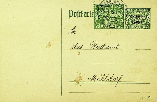 Sephil Deutschland Bayern 1919 Post WWI 7½ Pf Auf Ovpt Post Karte Von Landshut