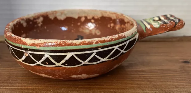 Vintage Tonala Mexican Pottery Bowl Dish With Handle Green Brown Used Old