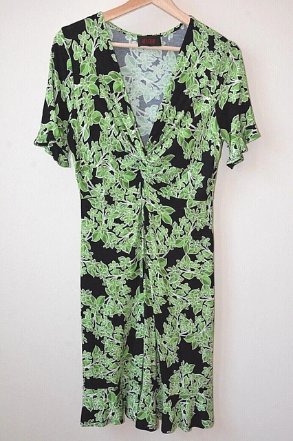New Black+Green Floral  V-Neck Frill Trim Twist Front Jersey Short Dress Size 12