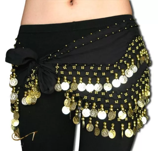 3 Rows Belly Dance Hip Scarf Belt Chain Skirt Golden Silver Tone Coins Beads