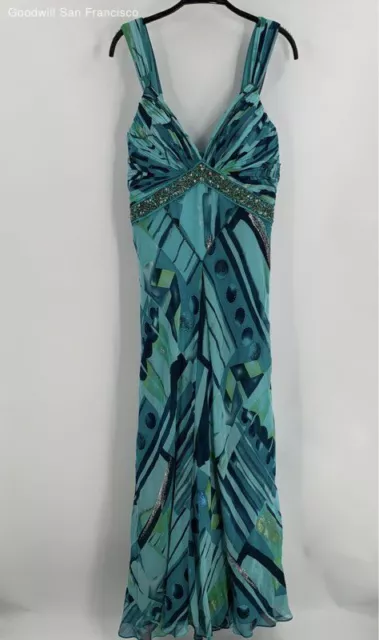 Nina Austin Womens Blue Silk Abstract Ruched Beaded Maxi Dress Size Large