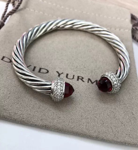 David Yurman Silver 7mm Candy Cable Bracelet With Garnet Diamonds M