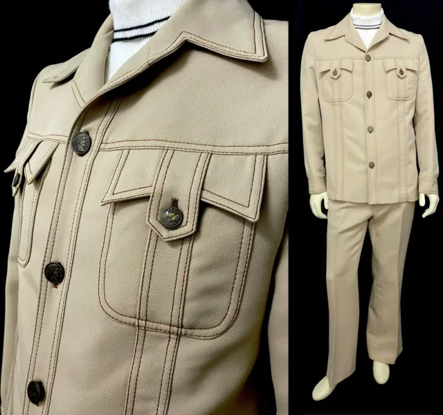 Vintage 60s 70s Knack Leisure suit men 42 jacket 34x30.5 pant tan poly disco mod