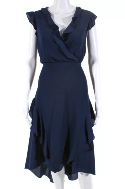 London Times Womens Surplice Sleeveless Ruffle Midi A Line Dress Navy Size 4