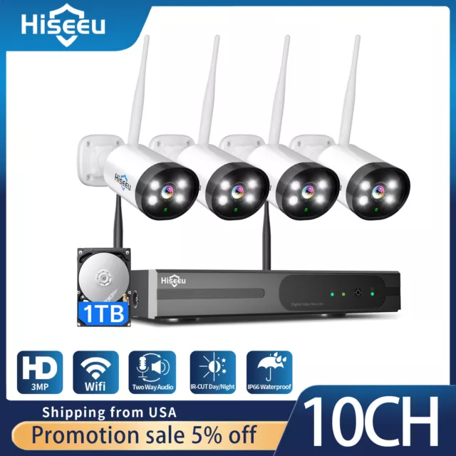 Hiseeu Security Camera System Wireless Audio Wifi CCTV 3MP 10CH NVR W/1TB HDD