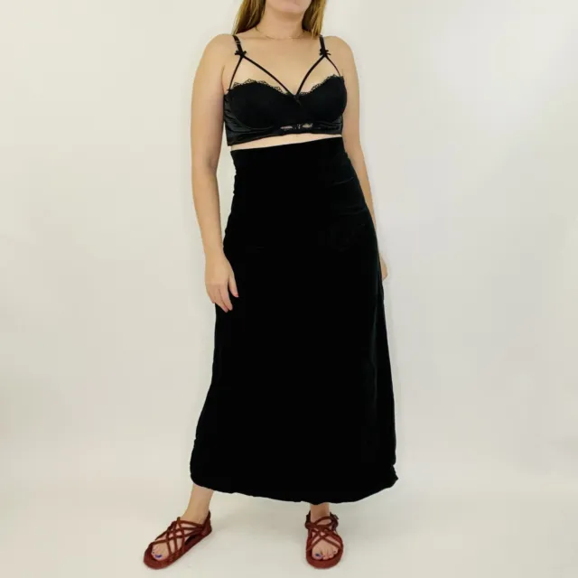 Vintage Black Velvet Ultra High Waist A-Line Maxi Skirt 28 Womens Unlined