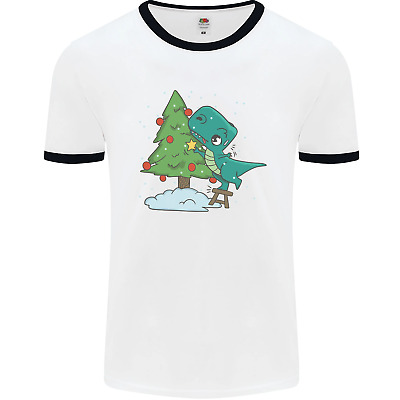 Funny T-Rex Christmas Tree Dinosaur Mens White Ringer T-Shirt