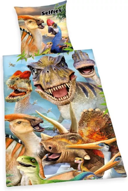 Selfies Dinosaurier Bettwäsche glatt Lustige Dinos Zipper Baumwolle 135 x 200 cm