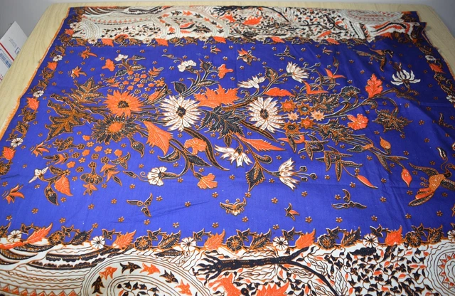 2494 Indonesian batik sarong, purple with floral, white, rust, brown