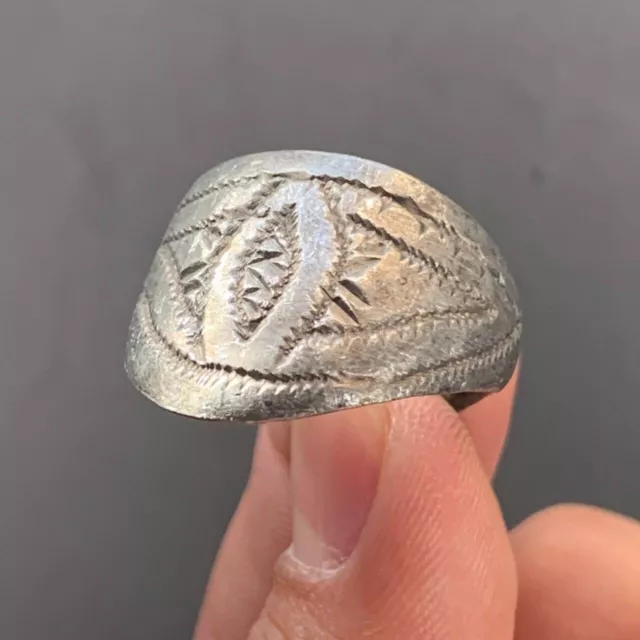 Extremely Rare Ancient Viking Silver  Ring Engraved Artifact Old Authentic