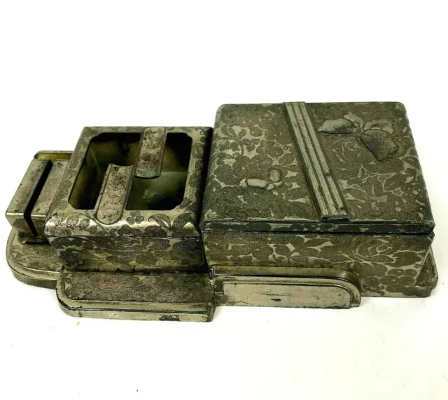 Japanese Smoking Desk Set Cigarette Case Ashtray Match Holder Metal Tokyo VTG