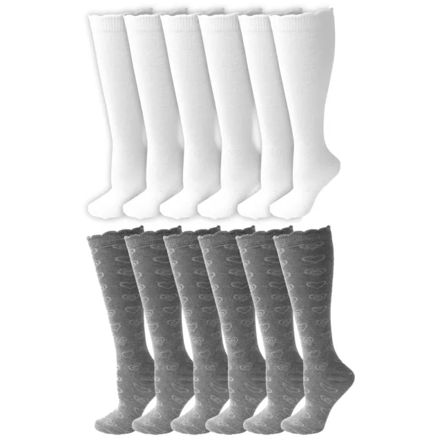 Girls Knee High Socks 6 Pairs Hearts White School Socks Long Warm Cotton Rich