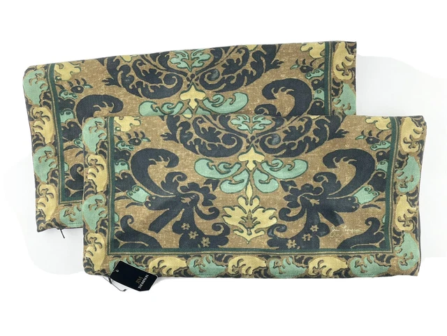 Jim Thompson Pillow Cover Linen Front Silk Back Olive Green Black Ornate Lotus
