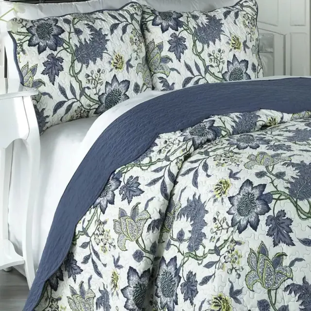Beautiful Chic Green Blue White Yellow Leaf Shabby Cottage Beach Soft Quilt Set