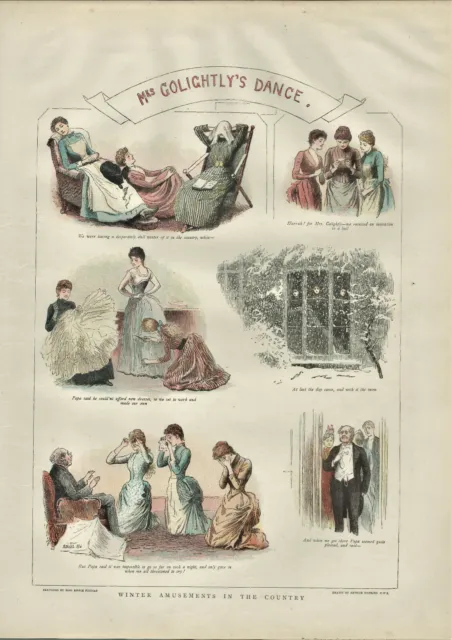 Antique Colour Illustrated Print Mrs Golightlys Dance Winter Amusements 1889