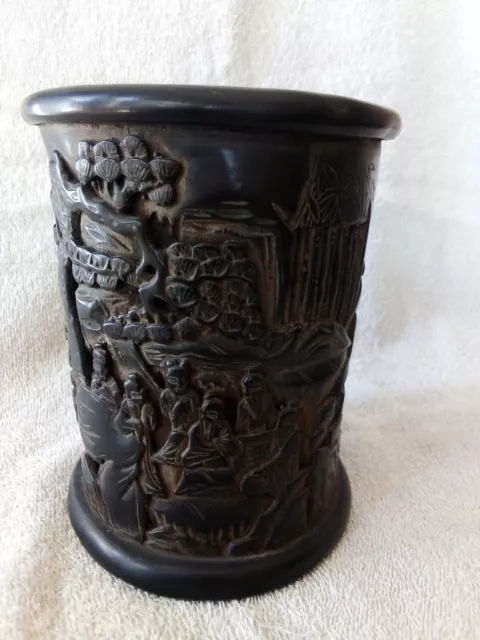 Antique Intricately Carved Ebony Wood Chinese Scholars Brush Pot