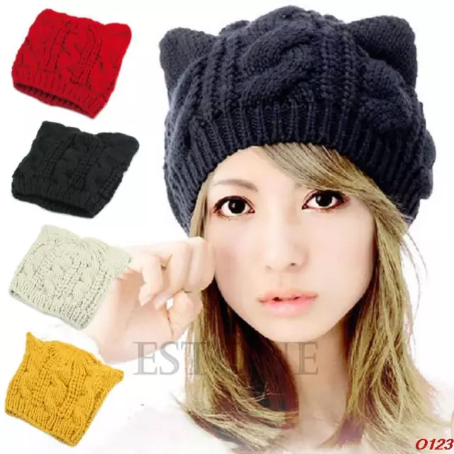 Womens Beanie Soft Casual Caps Winter Warm Knitted Hat with Two Cat Ears