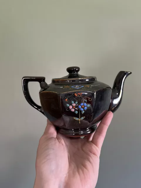 Vintage Brown Ceramic Hand Painted Teapot Floral Gold Trim Made in Japan 5”