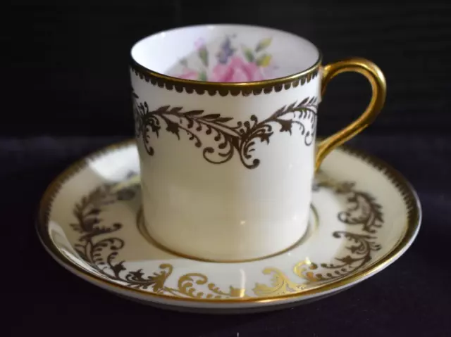 Aynsley Bone China England - Flat Regal Cup & Saucer - Cream & Gold w/ Pink Rose